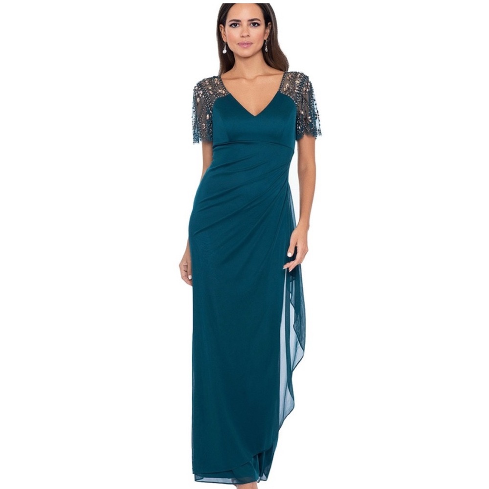 Xscape Green Short Sleeve Ruffle Chiffon Formal Evening Gown NWT 10P Petite MOB